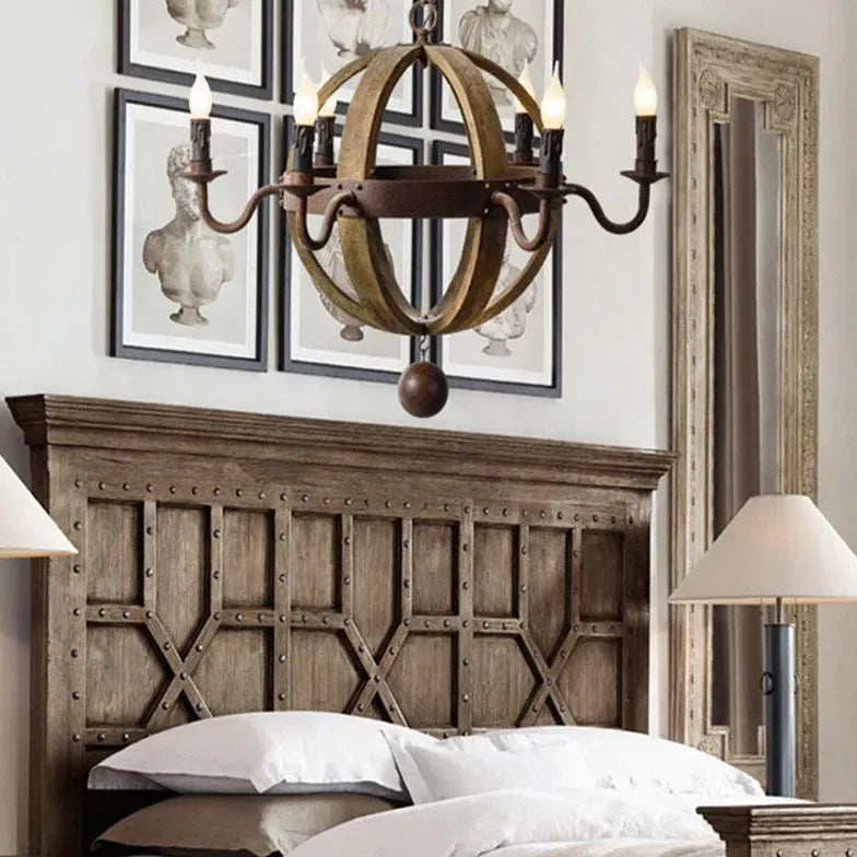 Lampadario a Candela Cera con Sfera di Legno