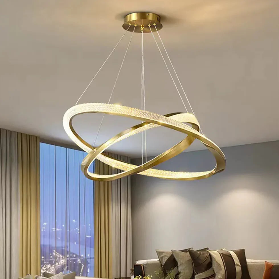 Lampadario Dorato Moderno a LED a Forma di Anello Incrociato