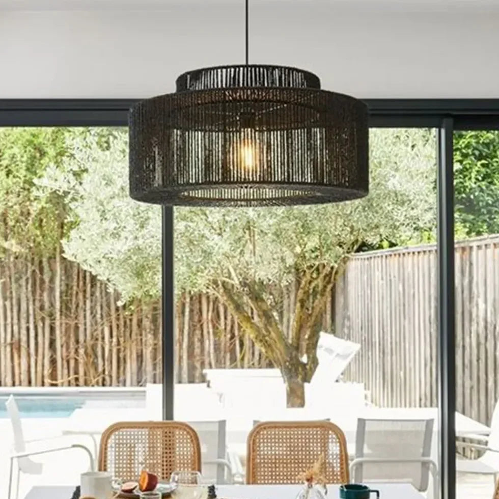 Lampadario Nero Moderno Design Doppio Strato Rattan