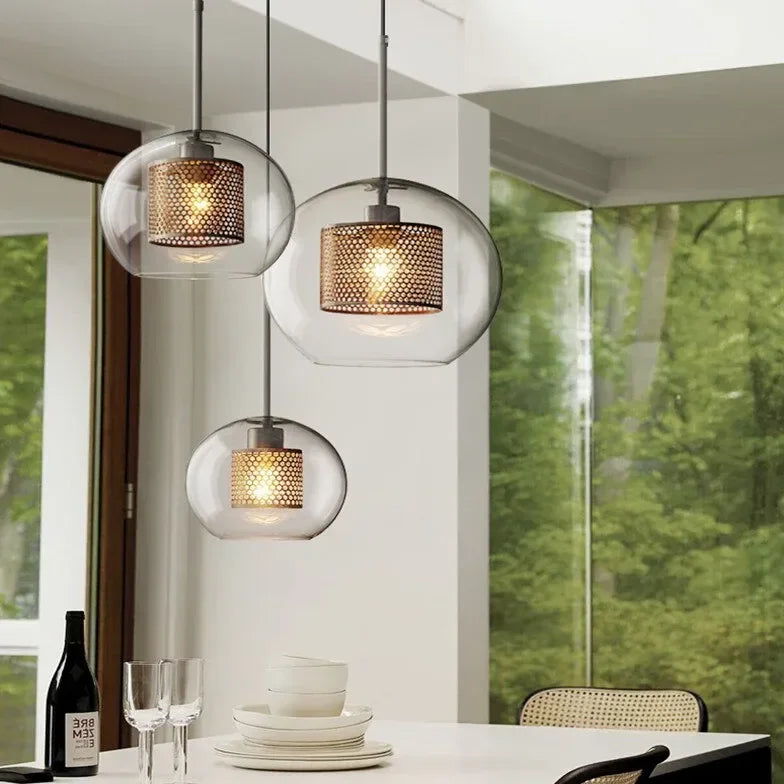 Lampadario Sospensione Vetro Trasparente Moderno LED in Ottone per Sala Pranzo – Luce Calda