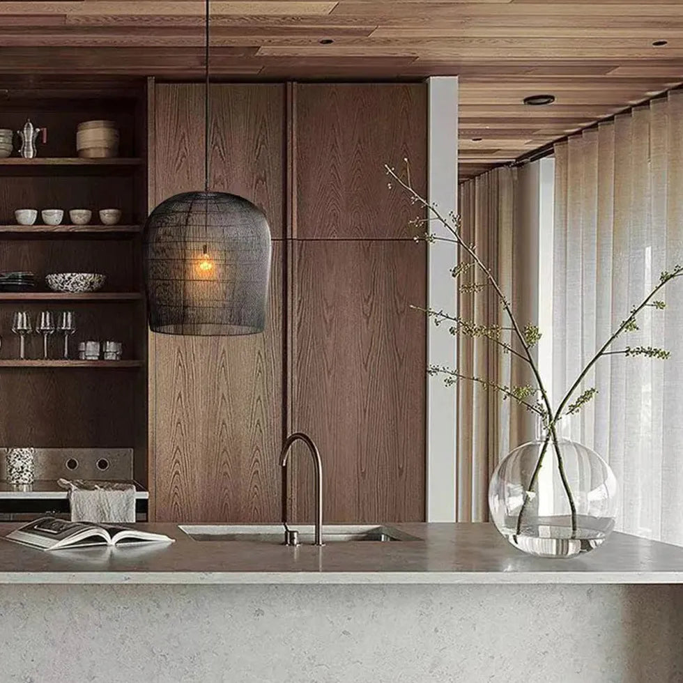 Lampada a Sospensione Rattan a Campana Semitrasparente per Cucina