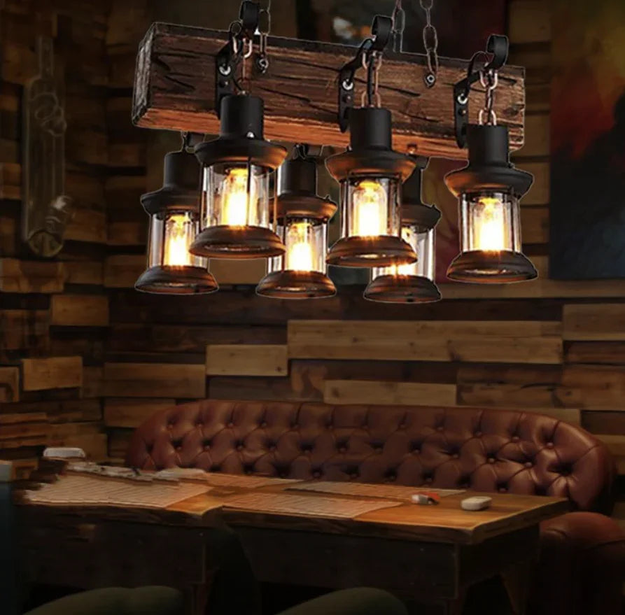 Lampadari Vintage Legno in Stile Country con Altezza Regolabile per Sala Pranzo