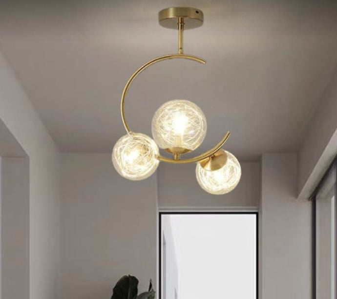 Lampada a Sospensione con Sfere di Vetro Dorate per Corridoio
