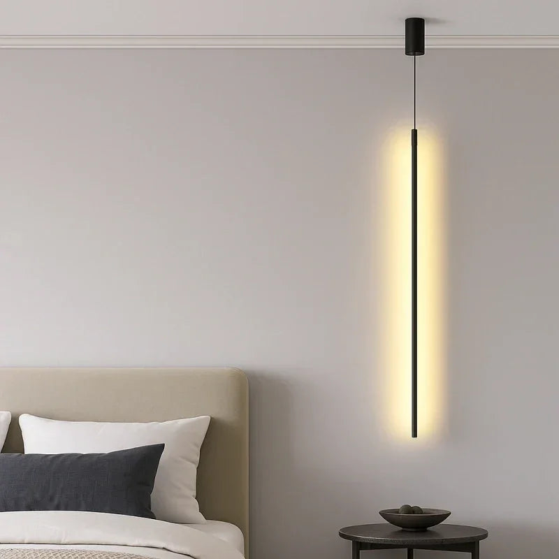 Lampada a sospensione verticale minimalista lineare LED dimmerabile nera da comodino