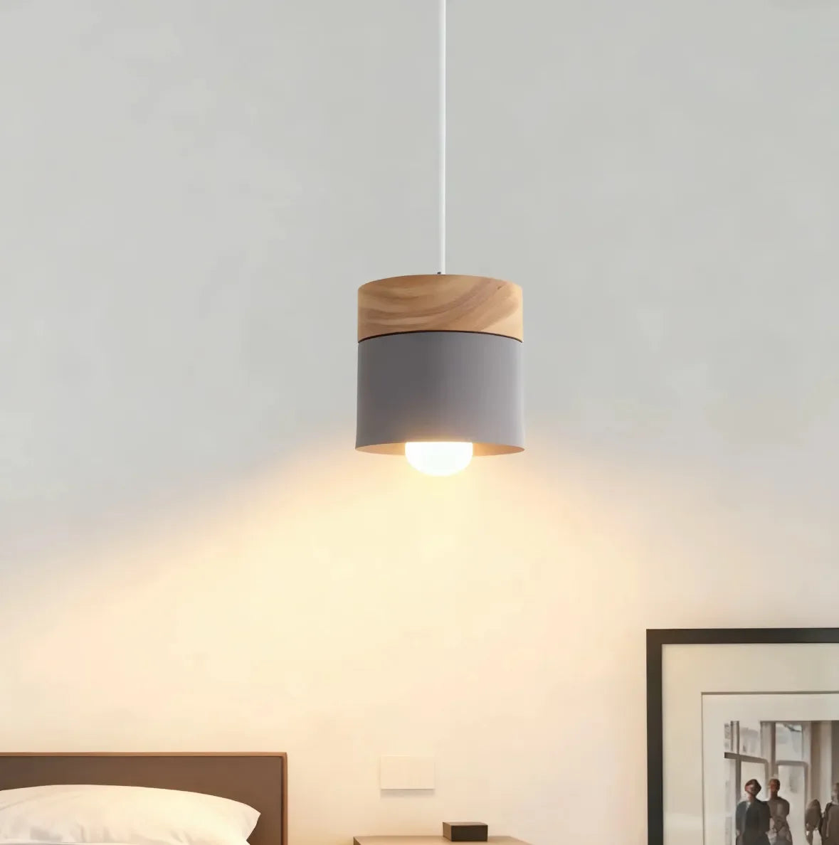 Lampadario Cilindro Stile Nordico Altezza Regolabile in Legno per Sala da Pranzo