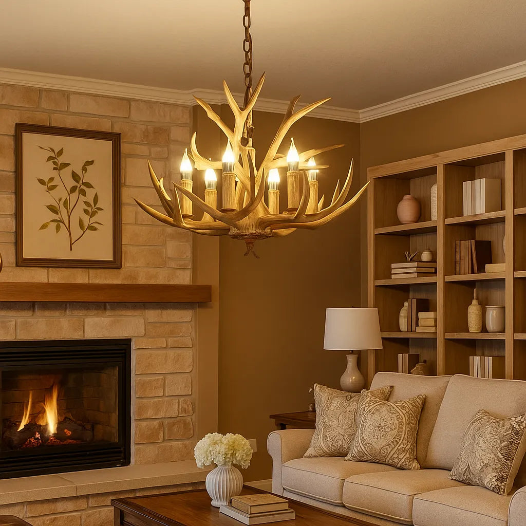 Lampadario Corna Cervo in Legno in Stile Country con Altezza Regolabile per Soggiorno