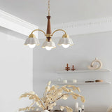 Flower-Shaped White Shade Vintage Wooden Chandelier