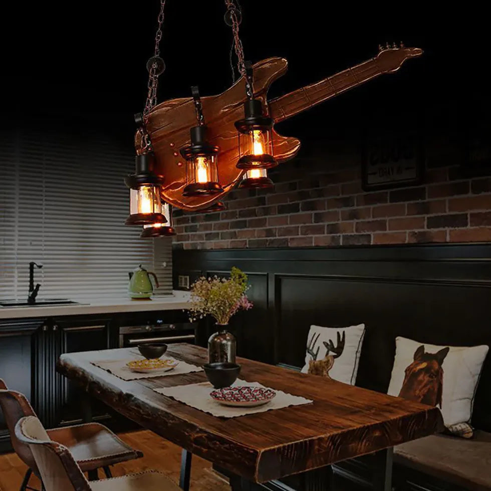 Guitar-Shaped Vintage Wood Dining Room Pendant Light