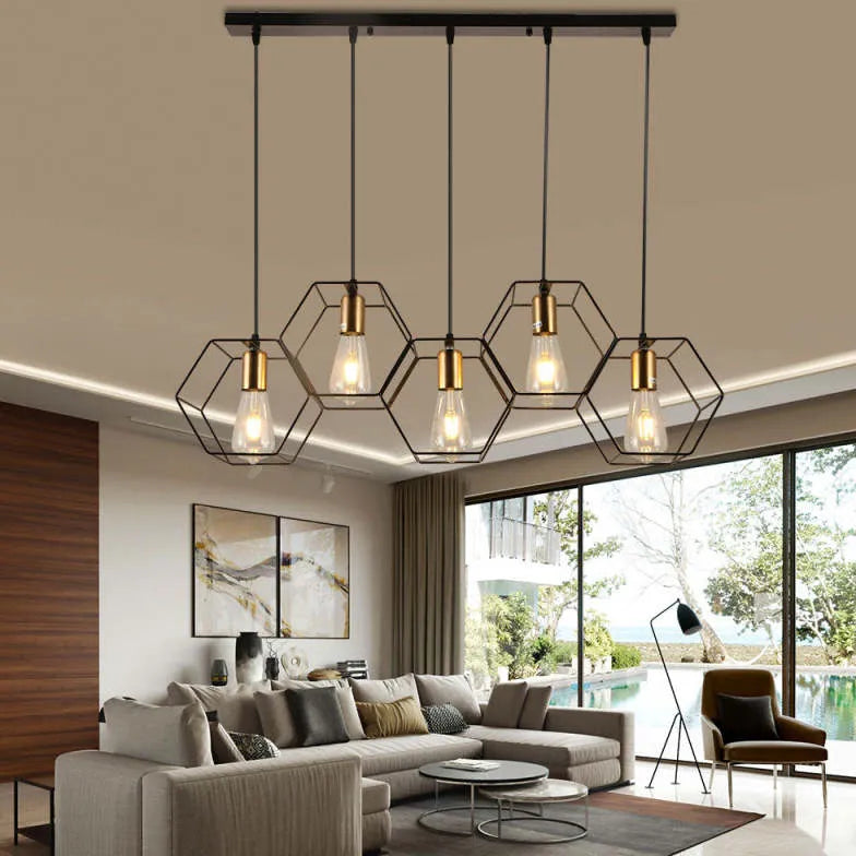 Three-Light Hexagonal Shade Black Industrial Pendant Light