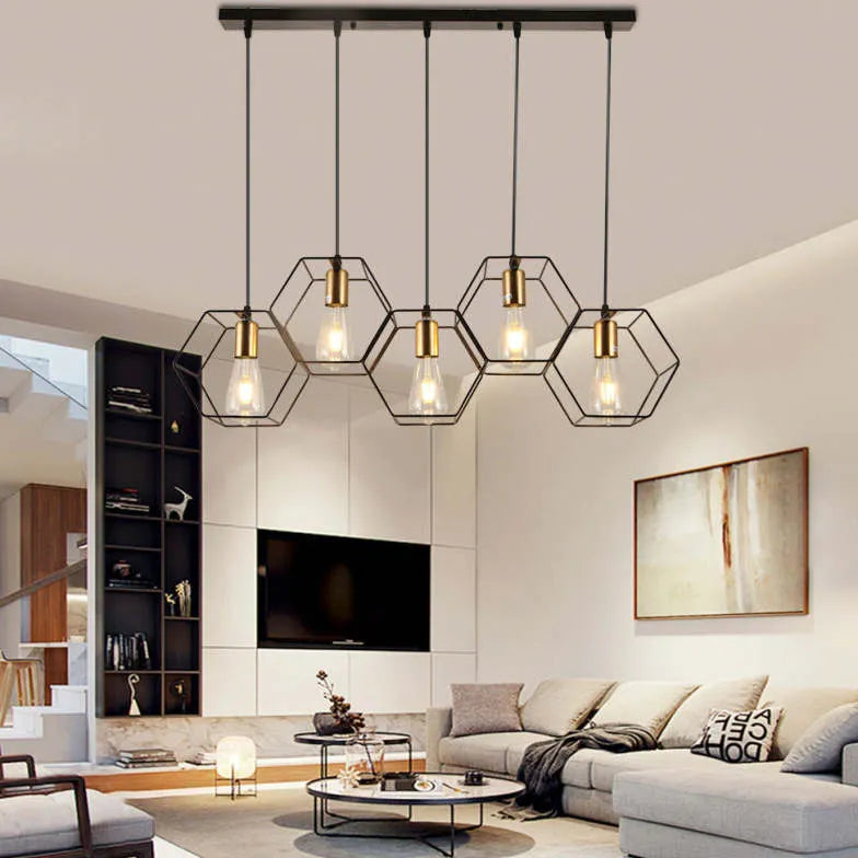 Three-Light Hexagonal Shade Black Industrial Pendant Light