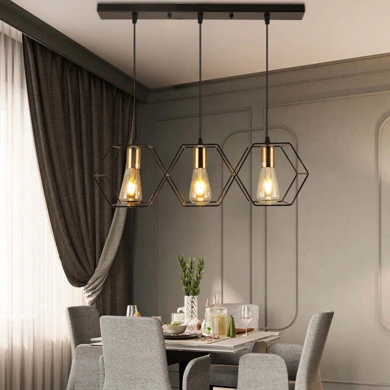 Three-Light Hexagonal Shade Black Industrial Pendant Light