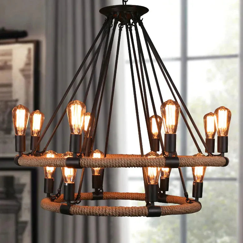 Black Double Ring Multi-Bulb Vintage Chandelier