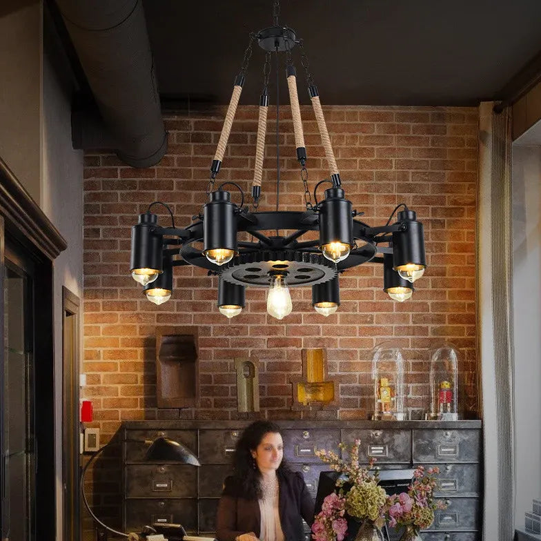 Black Wheel-Shaped Multi-Bulb Industrial Pendant Light