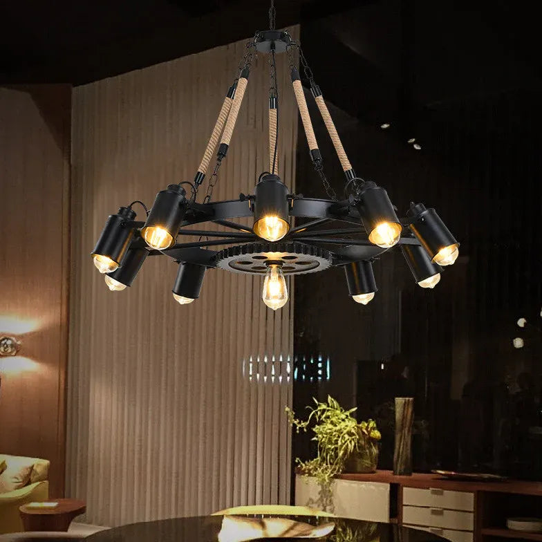 Black Wheel-Shaped Multi-Bulb Industrial Pendant Light