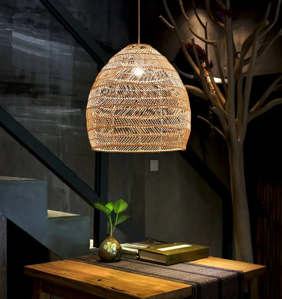 Lampadario Sospensione Rattan Boho Altezza Regolabile per Sala Pranzo – Luce Calda