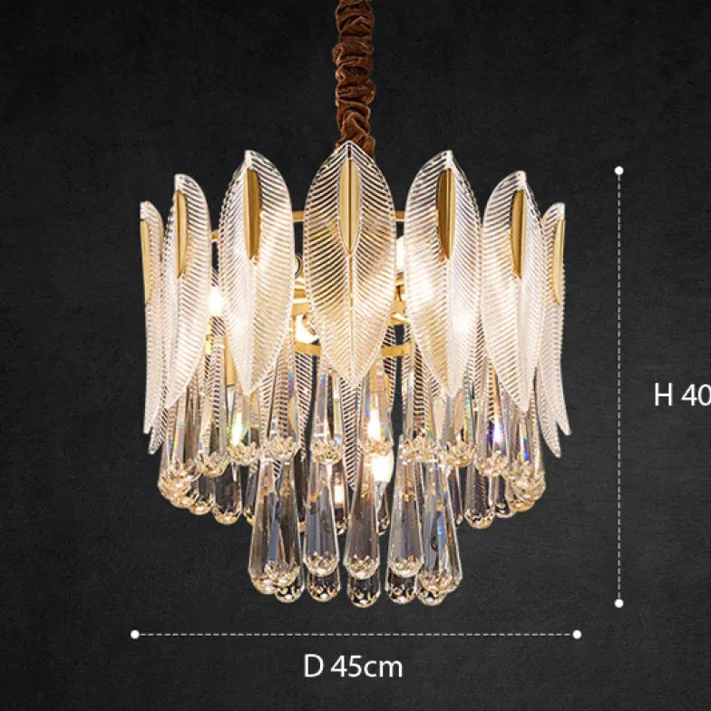 Crystal Leaf Adorned Golden Modern Chandelier