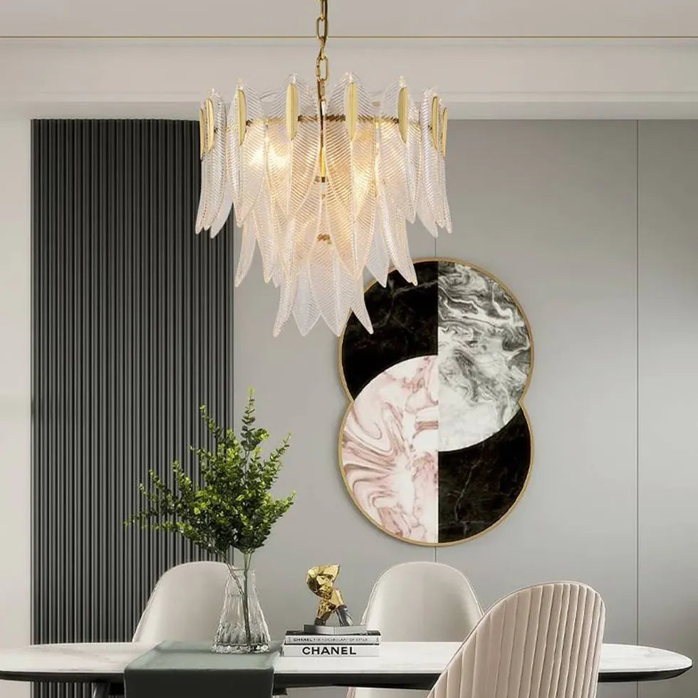 Unique Leaf-Shaped Gold Crystal Pendant Light