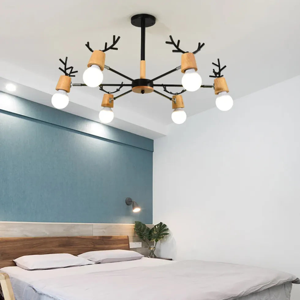 Multi-Armed Deer Head Wooden Chandelier