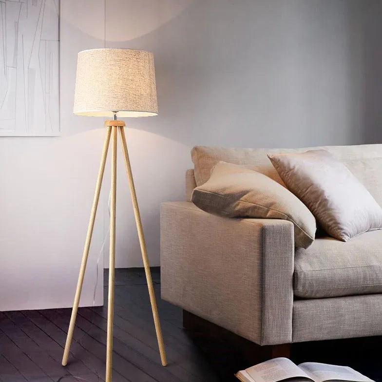 White Cylindrical Wooden Tripod Floor Lamp