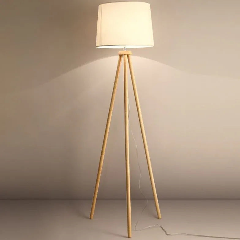 White Cylindrical Wooden Tripod Floor Lamp