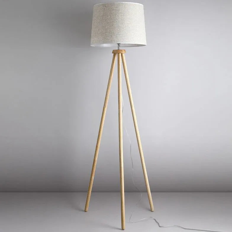 White Cylindrical Wooden Tripod Floor Lamp