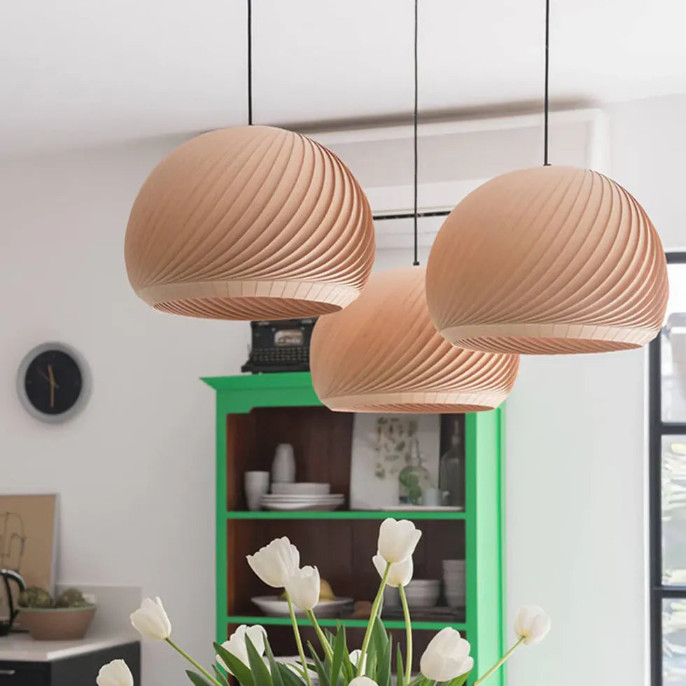 Hemispherical Spiral Wooden Pendant Light