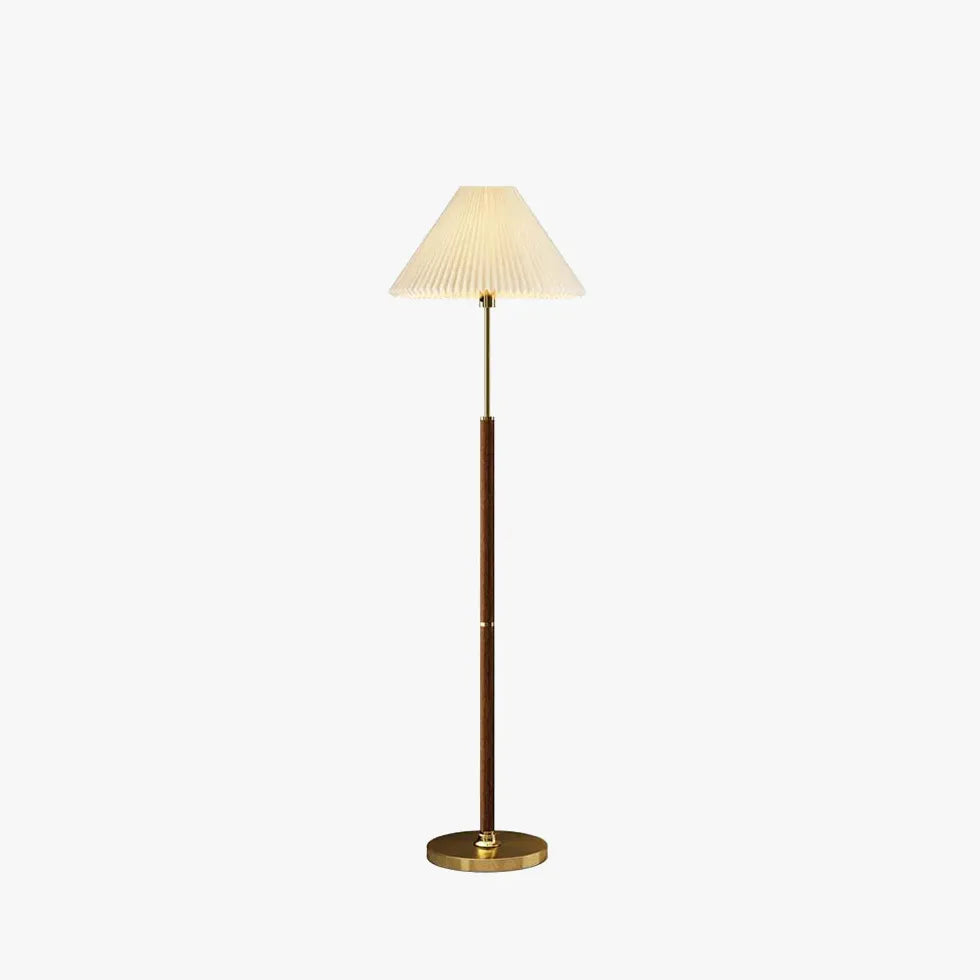 Lampada da pavimento vintage a forma di cono con palo in legno