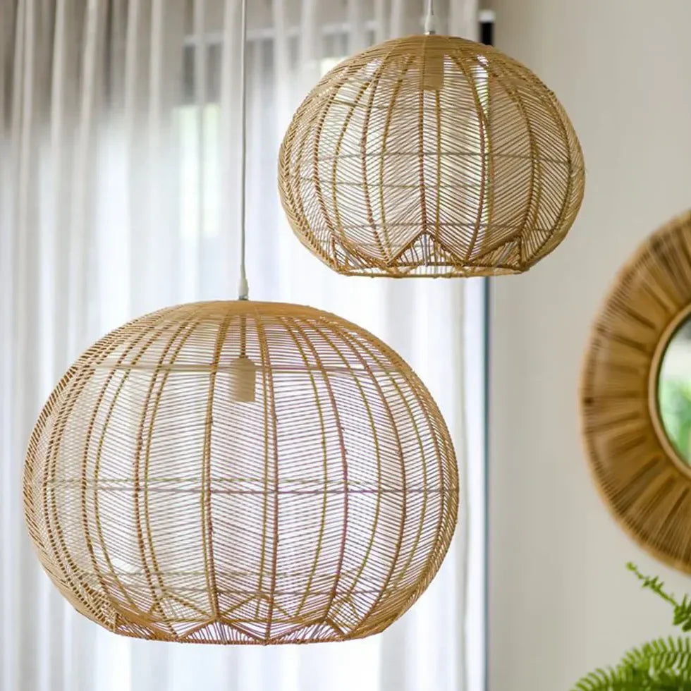 Lampadario Cinese a Sfera in Rattan Intrecciato