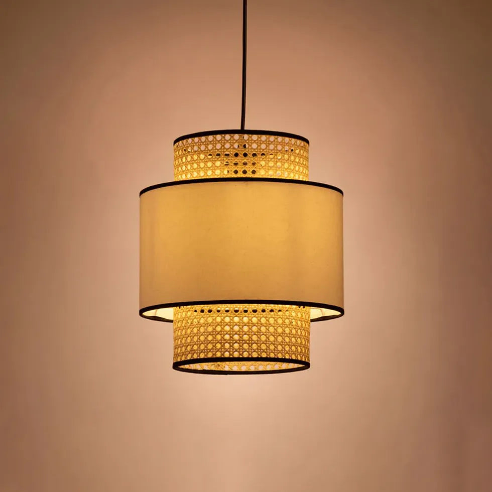 Lampadario Lanterna Cinese in Rattan e Tessuto