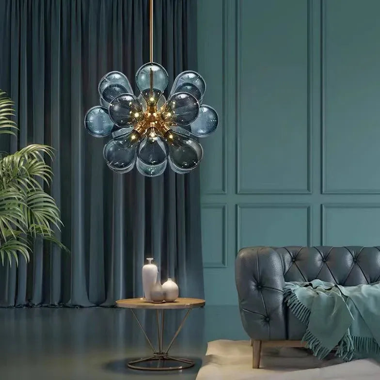 Lampadario Blu Moderno con Petali di Vetro