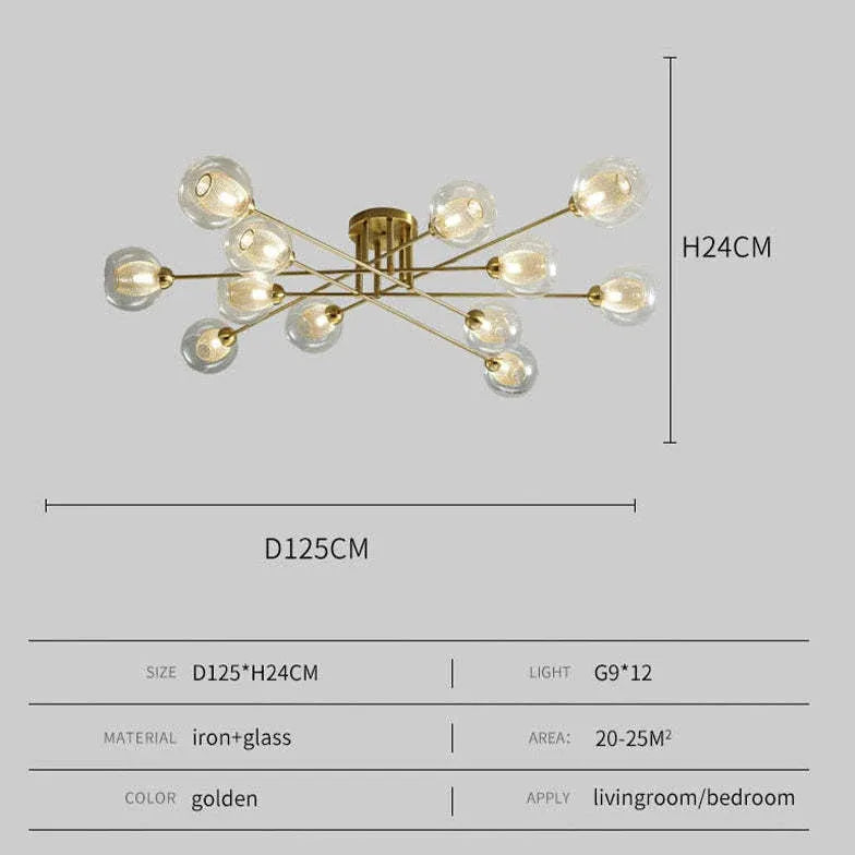 Lampadario Moderno Salone Sfere Vetro Dorato