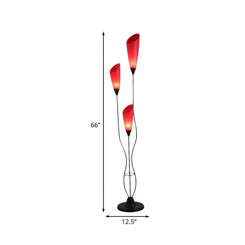 Three-Headed Red Petal Curved Pole Floor Lamp